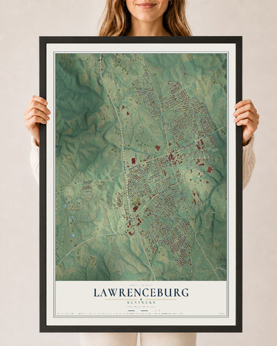 Map of Lawrenceburg, Kentucky, 24 x 36 inch print in a black wood frame