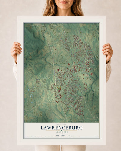 Map of Lawrenceburg, Kentucky, 24 x 36 inch print in a white wood frame