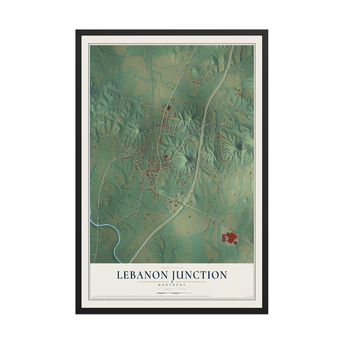 Map of Lebanon Junction, Kentucky, 12 x 18 inch print in a black wood frame