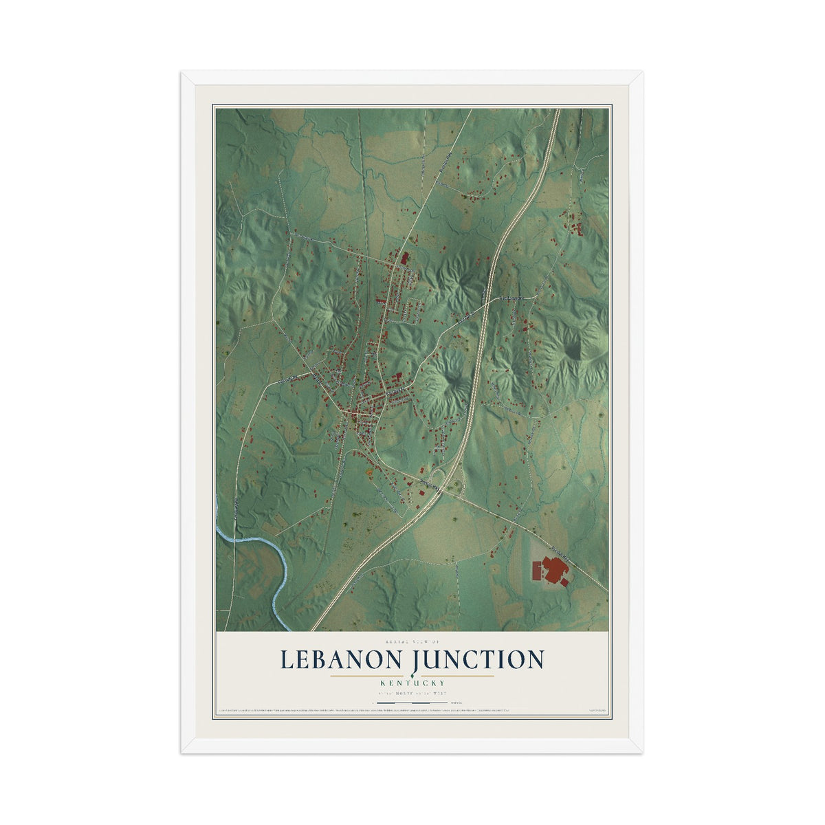 Map of Lebanon Junction, Kentucky, 12 x 18 inch print in a white wood frame