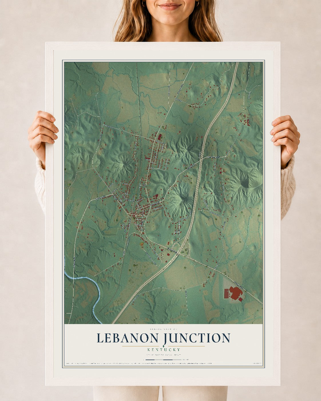 Map of Lebanon Junction, Kentucky, 24 x 36 inch print in a white wood frame