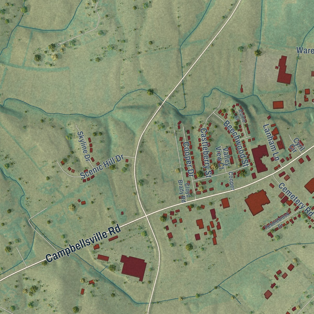 Second close-up of the map of Lebanon, Kentucky print showing more streets and buildings