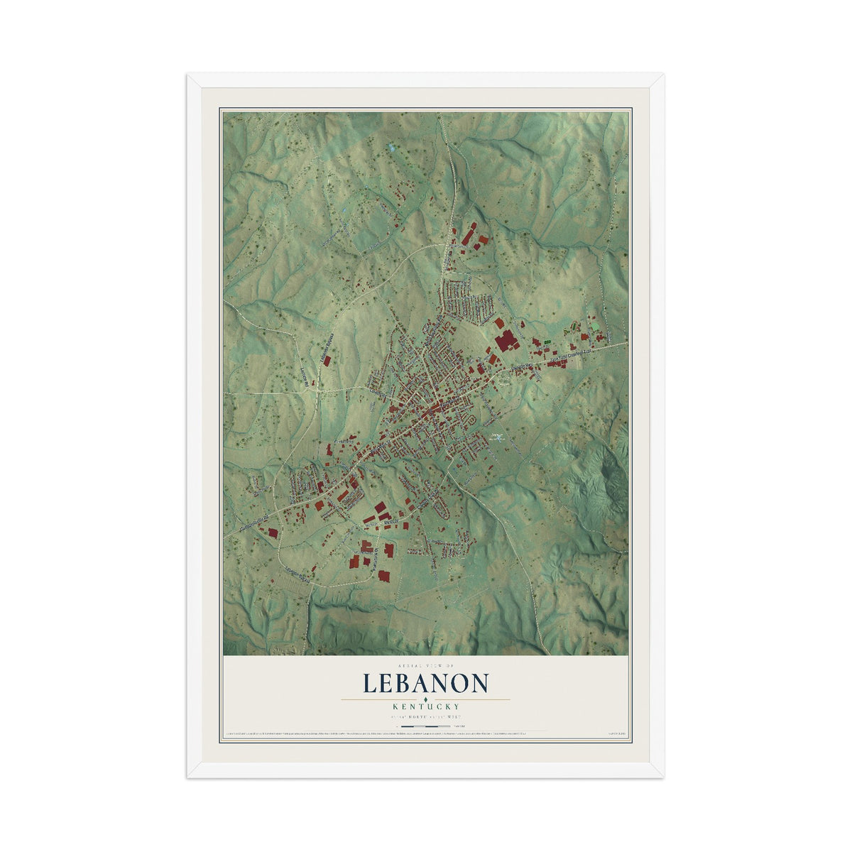 Map of Lebanon, Kentucky, 12 x 18 inch print in a white wood frame