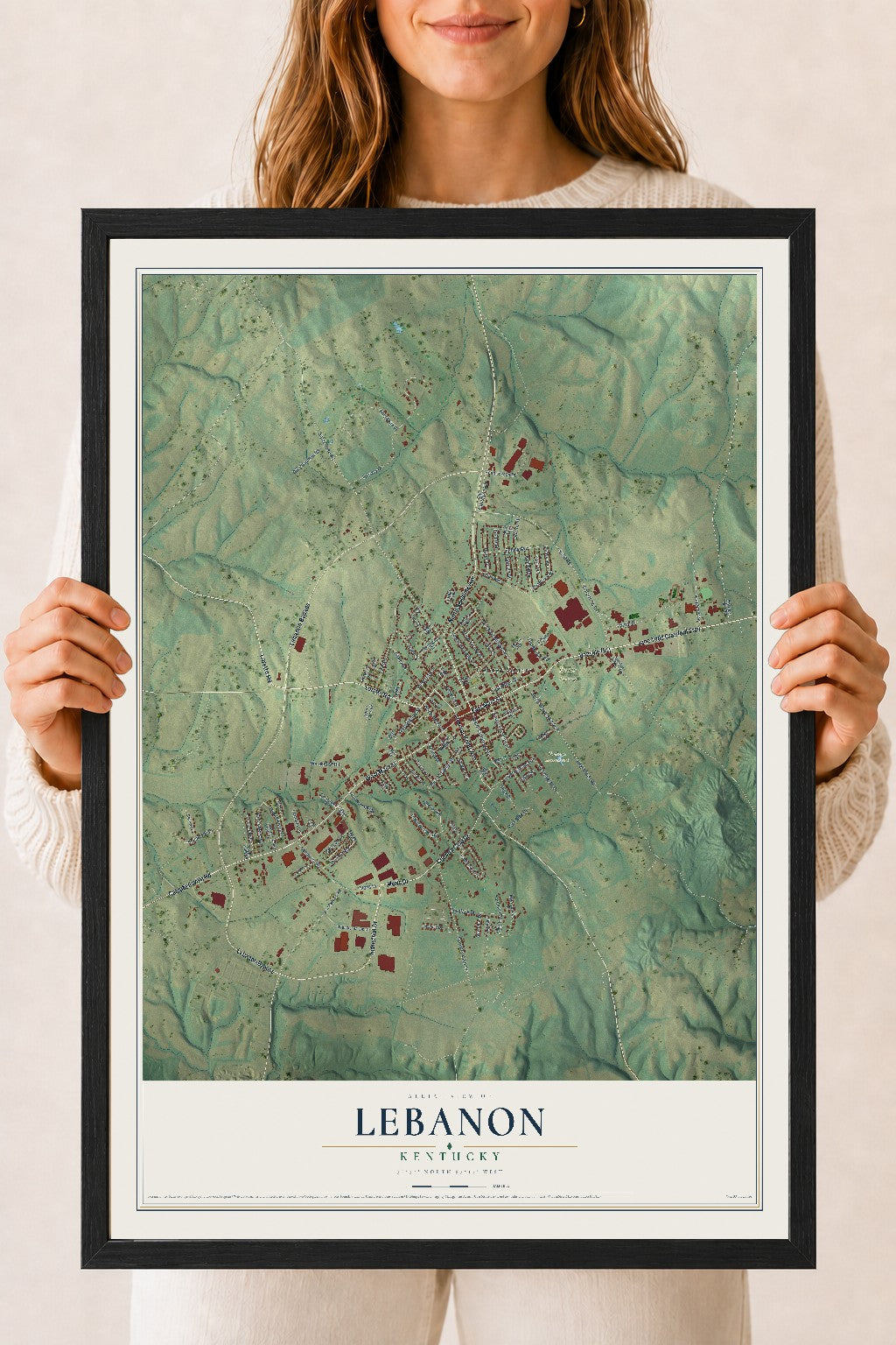 Map of Lebanon, Kentucky, 18 x 24 inch print in a black wood frame