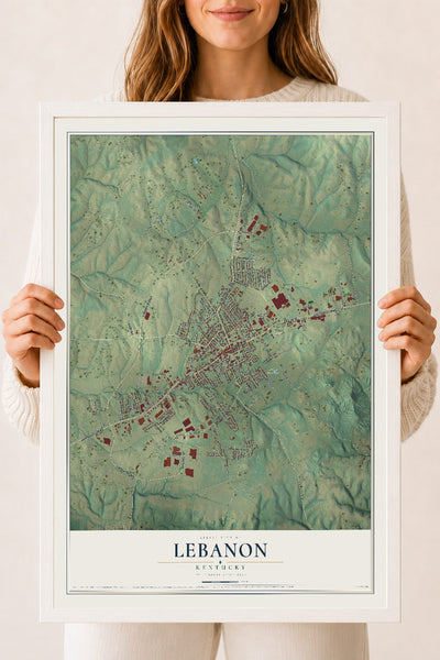 Map of Lebanon, Kentucky, 18 x 24 inch print in a white wood frame