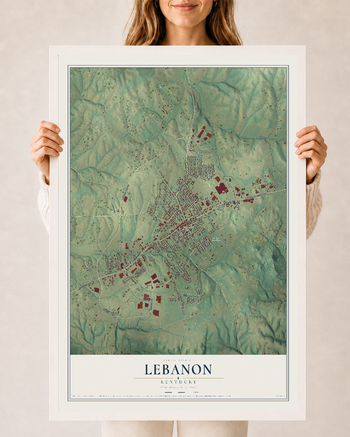Map of Lebanon, Kentucky, 24 x 36 inch print in a white wood frame