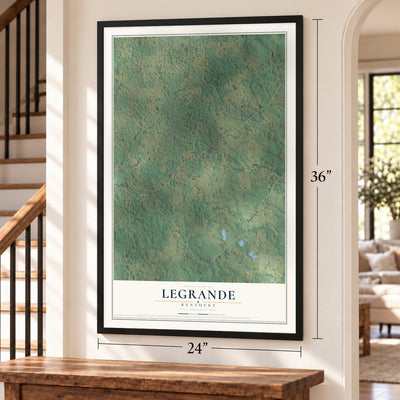 LeGrande, Kentucky map, 24 x 36 inch print in a black frame by a staircase