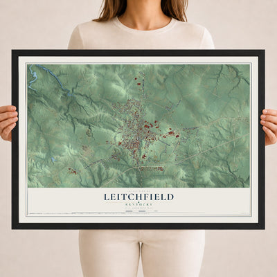 Map of Leitchfield, Kentucky, 18 x 24 inch print in a black wood frame