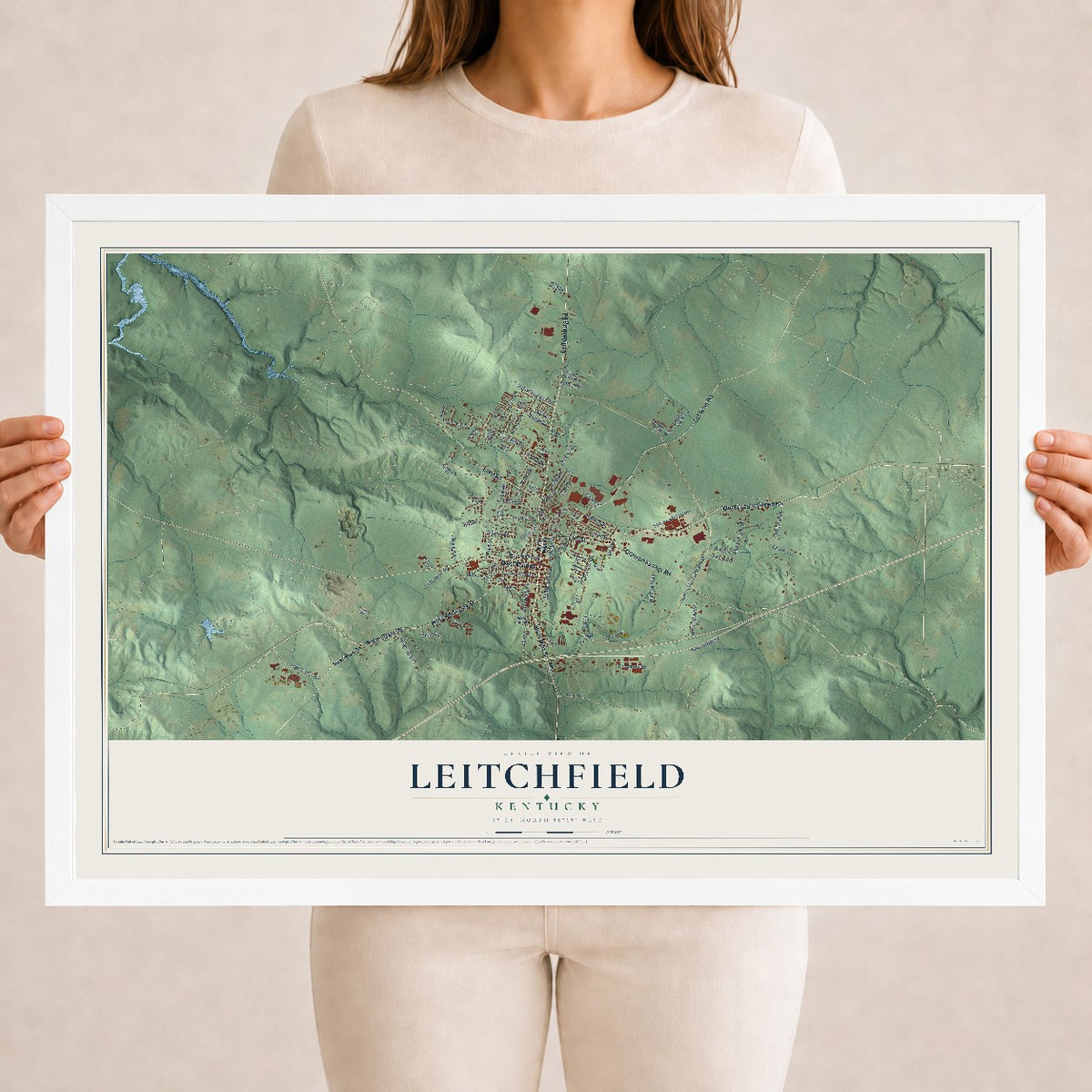 Map of Leitchfield, Kentucky, 18 x 24 inch print in a white wood frame