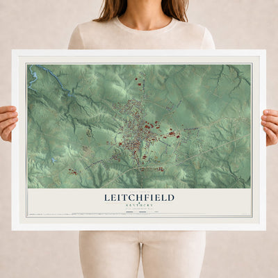 Map of Leitchfield, Kentucky, 18 x 24 inch print in a white wood frame