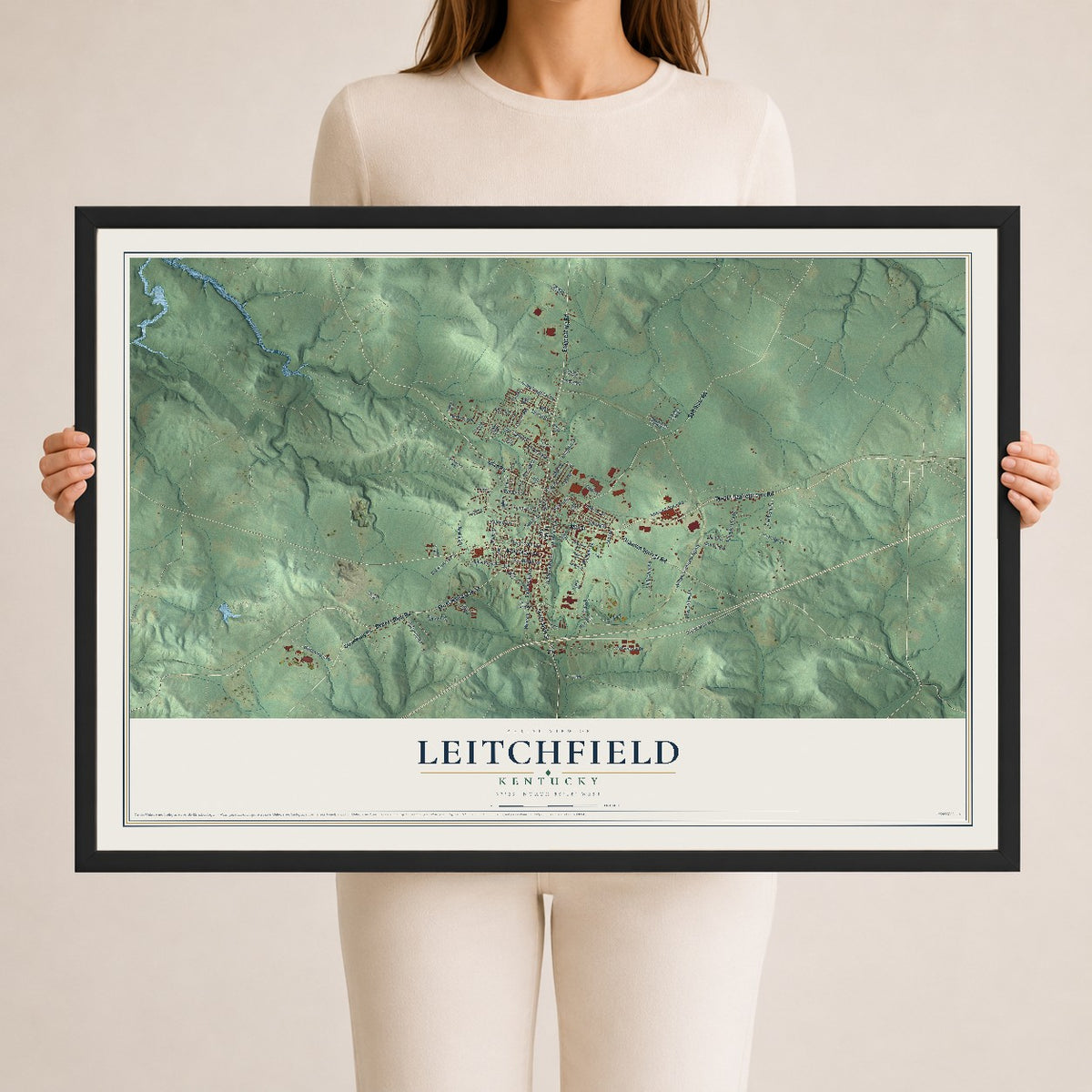 Map of Leitchfield, Kentucky, 24 x 36 inch print in a black wood frame