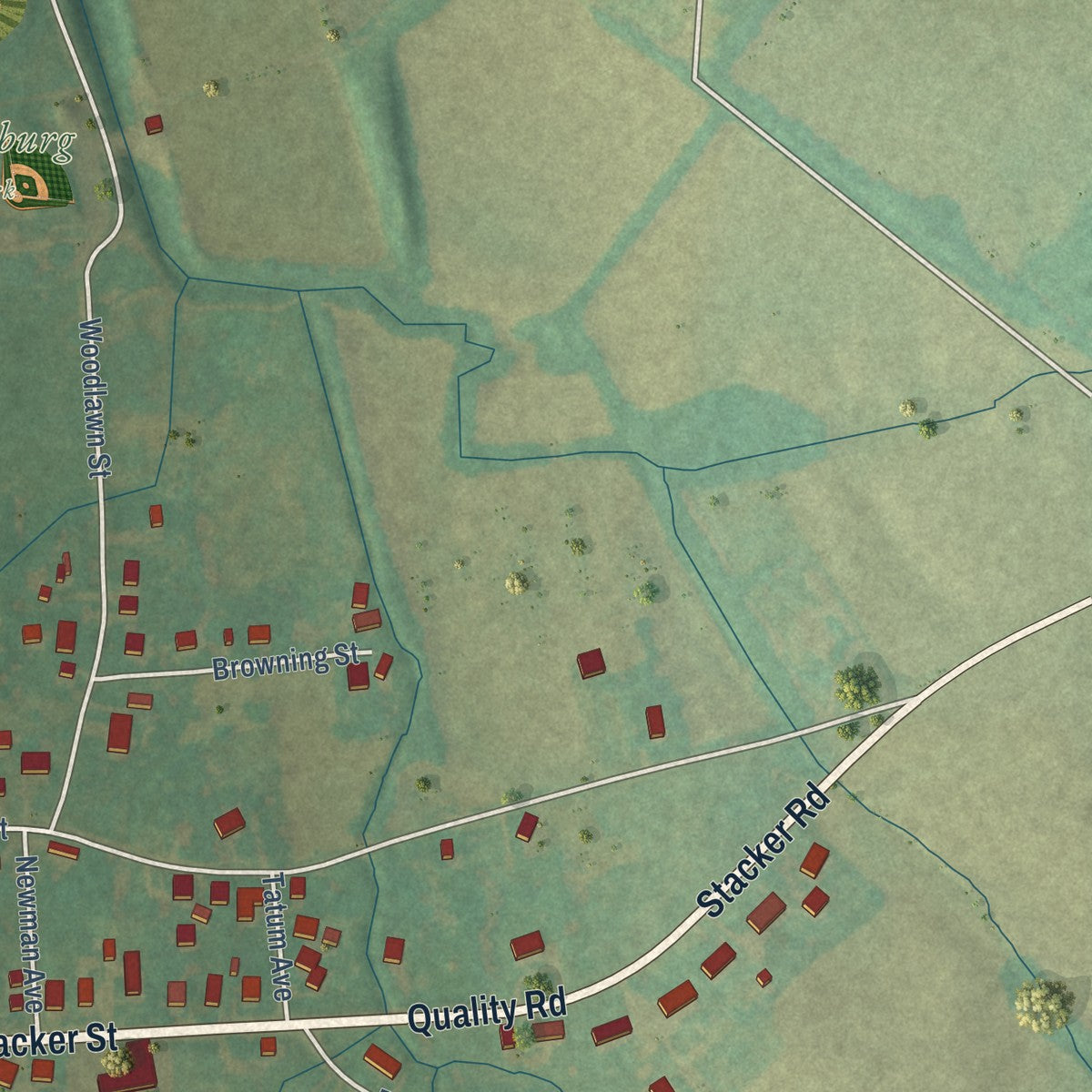Second close-up of the map of Lewisburg, Kentucky print showing more streets and buildings