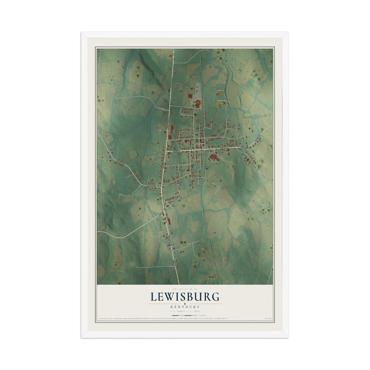 Map of Lewisburg, Kentucky, 12 x 18 inch print in a white wood frame