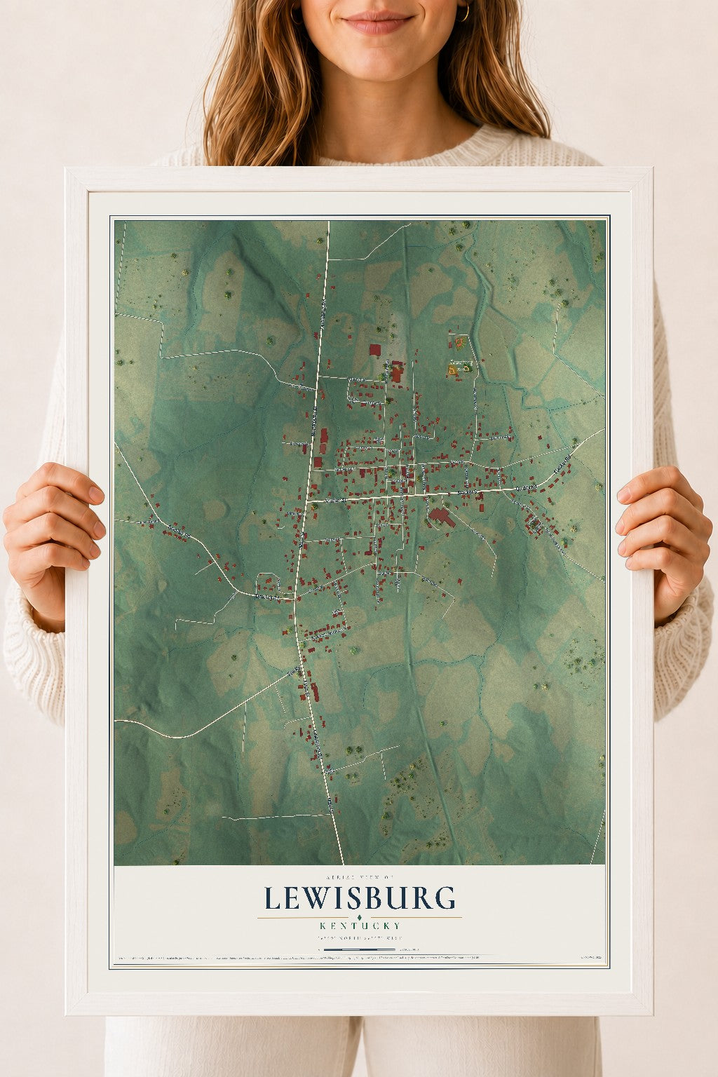 Map of Lewisburg, Kentucky, 18 x 24 inch print in a white wood frame