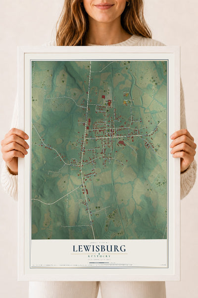 Map of Lewisburg, Kentucky, 18 x 24 inch print in a white wood frame