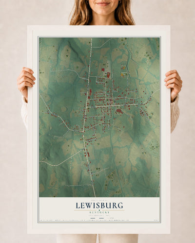 Map of Lewisburg, Kentucky, 24 x 36 inch print in a white wood frame