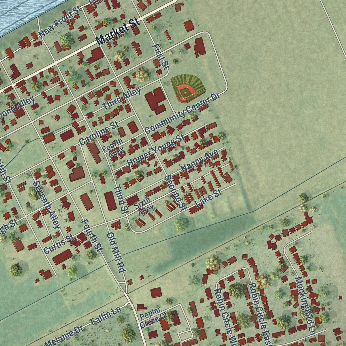 Close-up of the map of Lewisport, Kentucky print showing street and building detail