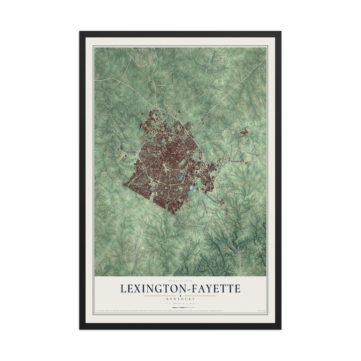 Map of Lexington-Fayette, Kentucky, 12 x 18 inch print in a black wood frame