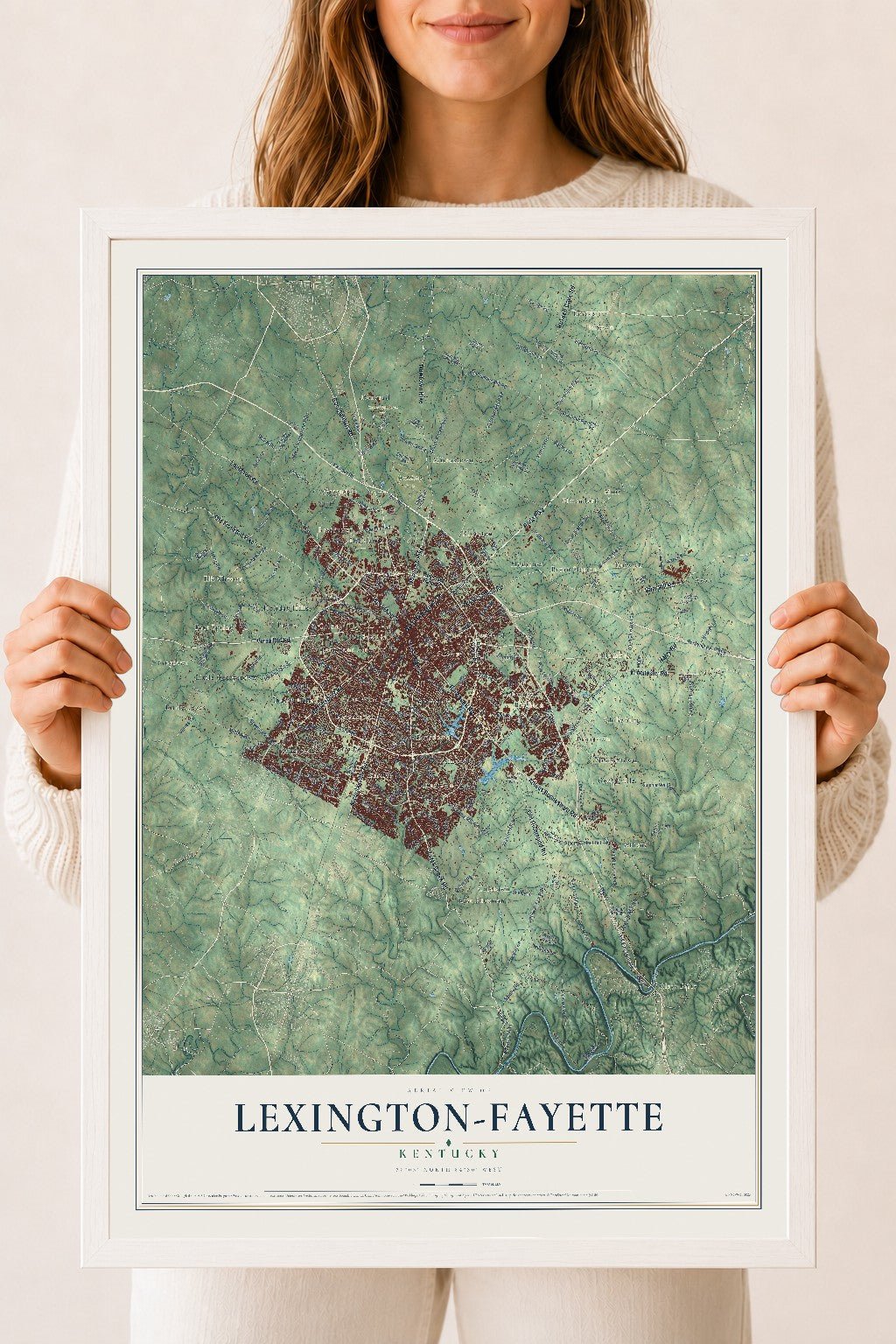 Map of Lexington-Fayette, Kentucky, 18 x 24 inch print in a white wood frame