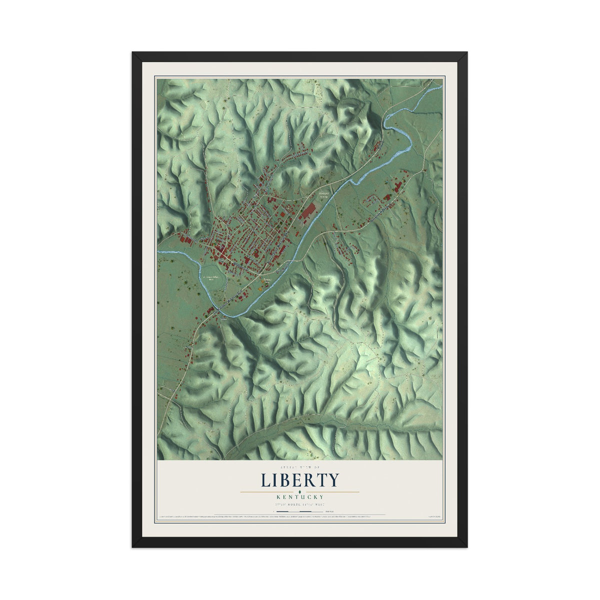 Map of Liberty, Kentucky, 12 x 18 inch print in a black wood frame