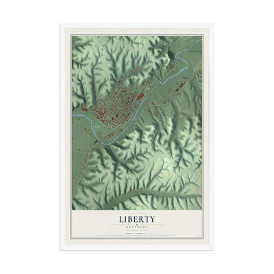 Map of Liberty, Kentucky, 12 x 18 inch print in a white wood frame