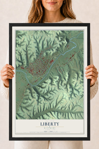 Map of Liberty, Kentucky, 18 x 24 inch print in a black wood frame