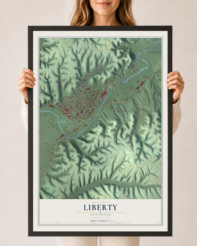 Map of Liberty, Kentucky, 24 x 36 inch print in a black wood frame