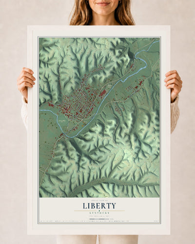 Map of Liberty, Kentucky, 24 x 36 inch print in a white wood frame