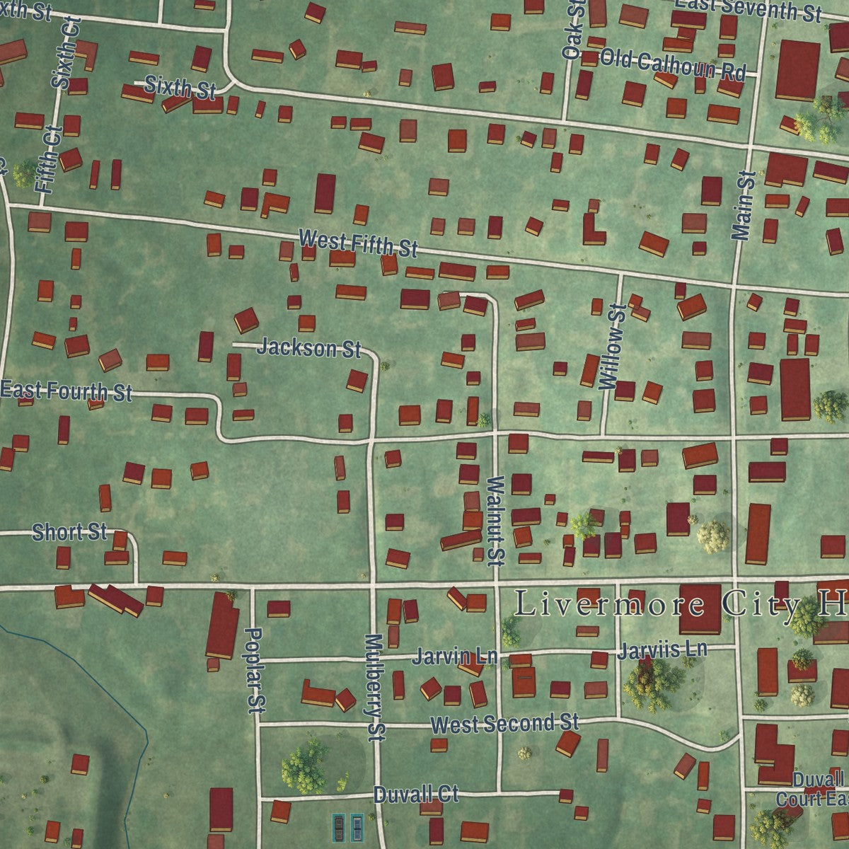 Close-up of the map of Livermore, Kentucky print showing street and building detail