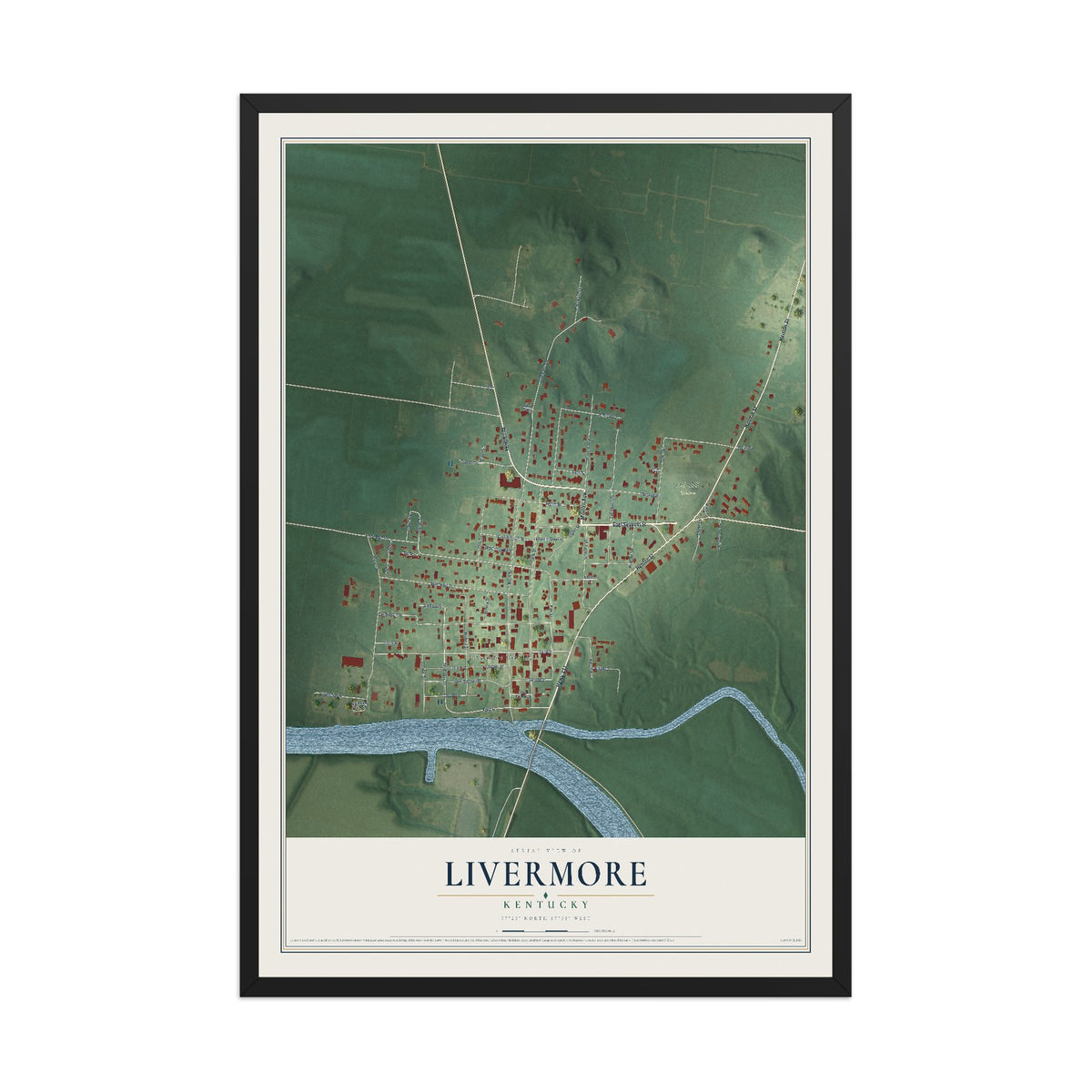 Map of Livermore, Kentucky, 12 x 18 inch print in a black wood frame