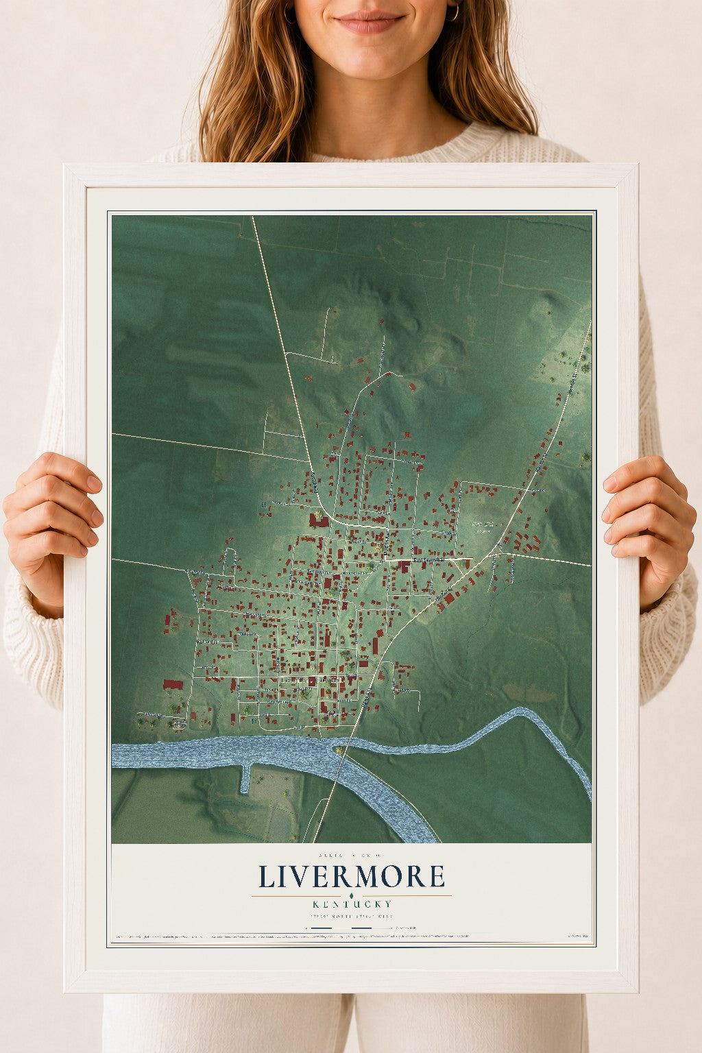 Map of Livermore, Kentucky, 18 x 24 inch print in a white wood frame