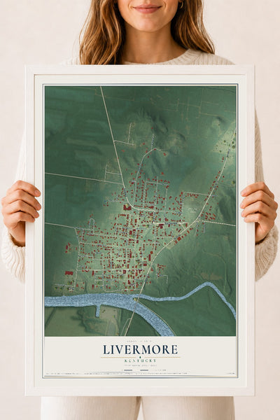 Map of Livermore, Kentucky, 18 x 24 inch print in a white wood frame