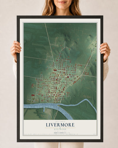 Map of Livermore, Kentucky, 24 x 36 inch print in a black wood frame