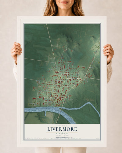 Map of Livermore, Kentucky, 24 x 36 inch print in a white wood frame