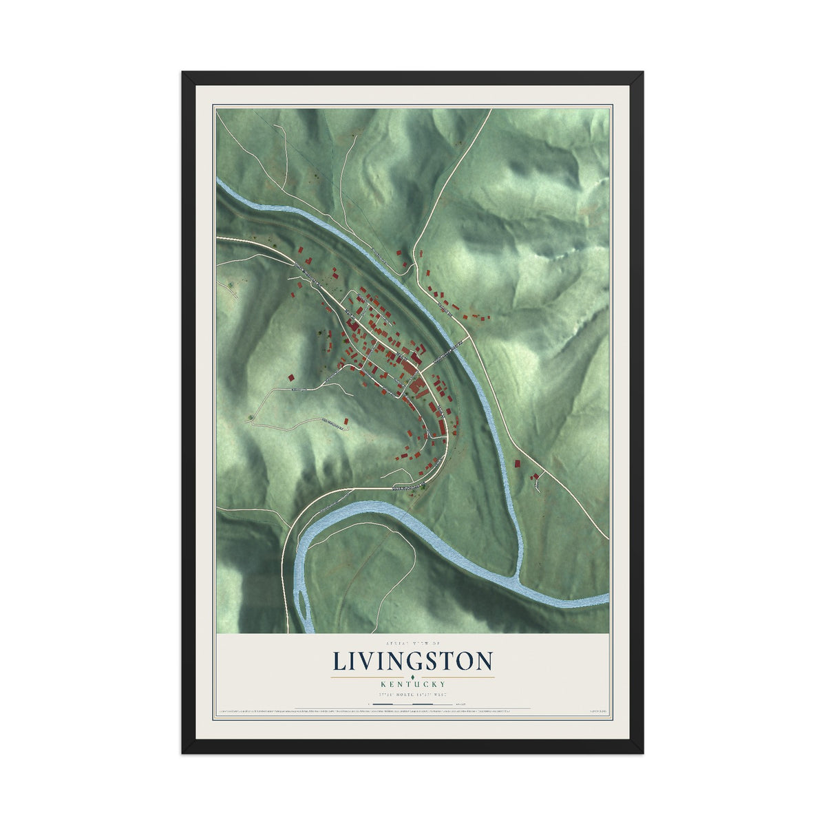 Map of Livingston, Kentucky, 12 x 18 inch print in a black wood frame