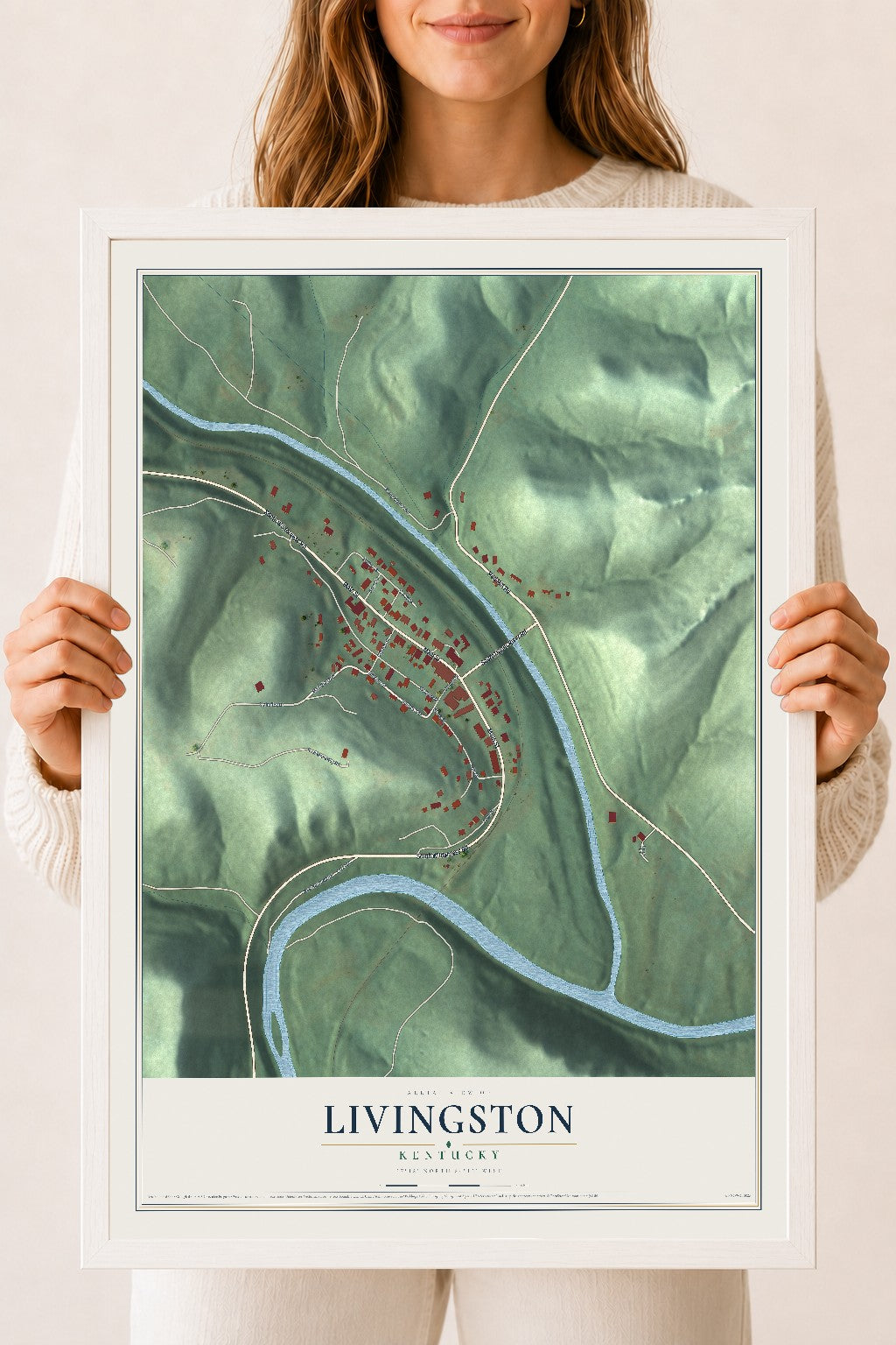 Map of Livingston, Kentucky, 18 x 24 inch print in a white wood frame