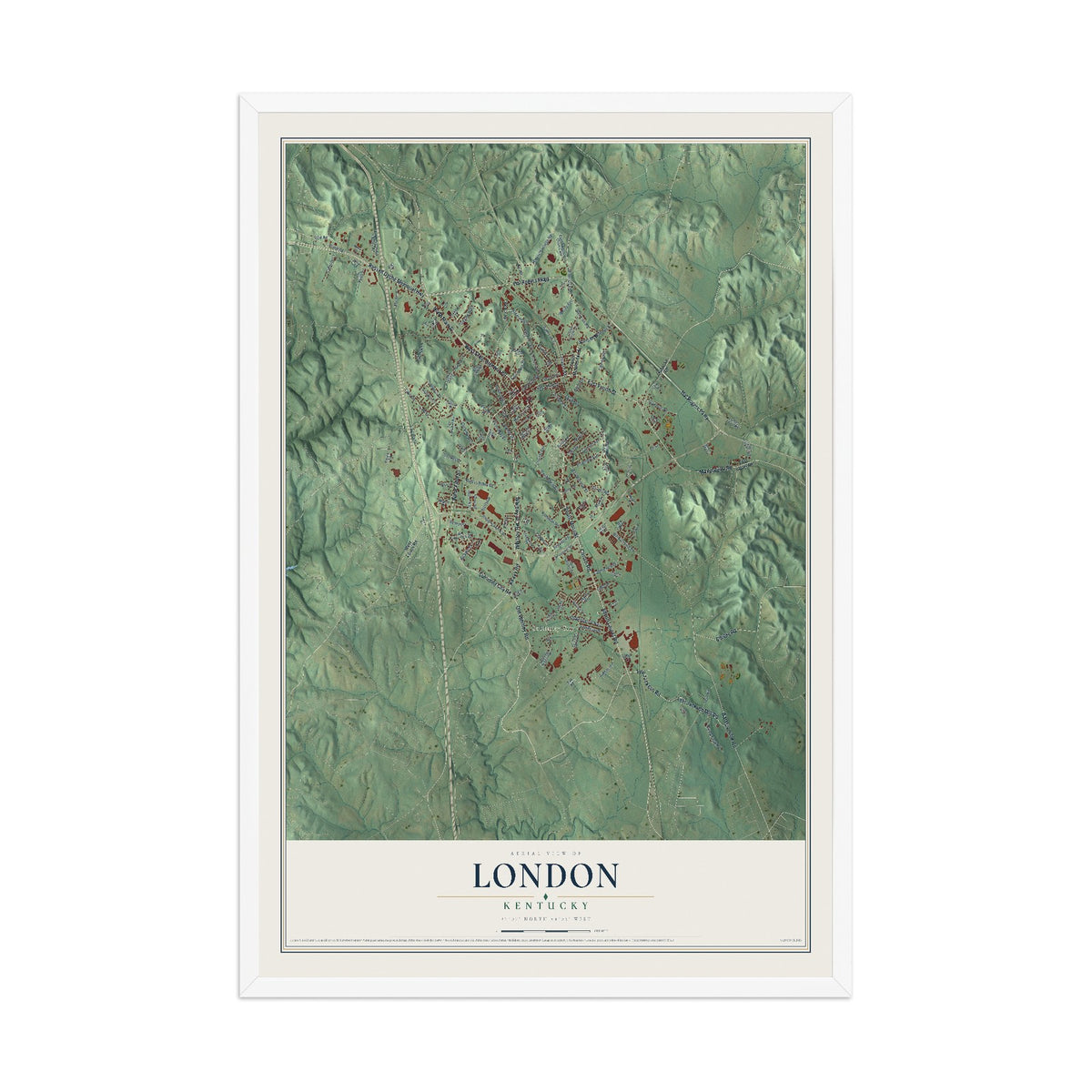 Map of London, Kentucky, 12 x 18 inch print in a white wood frame