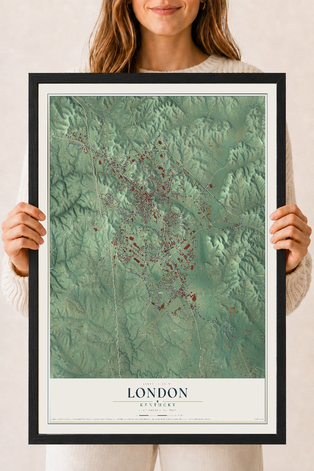 Map of London, Kentucky, 18 x 24 inch print in a black wood frame