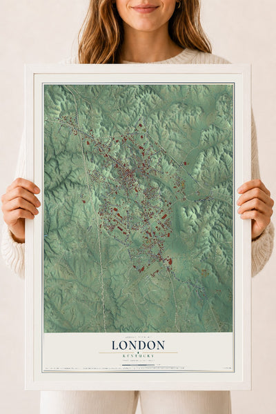 Map of London, Kentucky, 18 x 24 inch print in a white wood frame