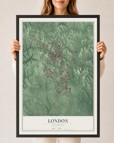 Map of London, Kentucky, 24 x 36 inch print in a black wood frame