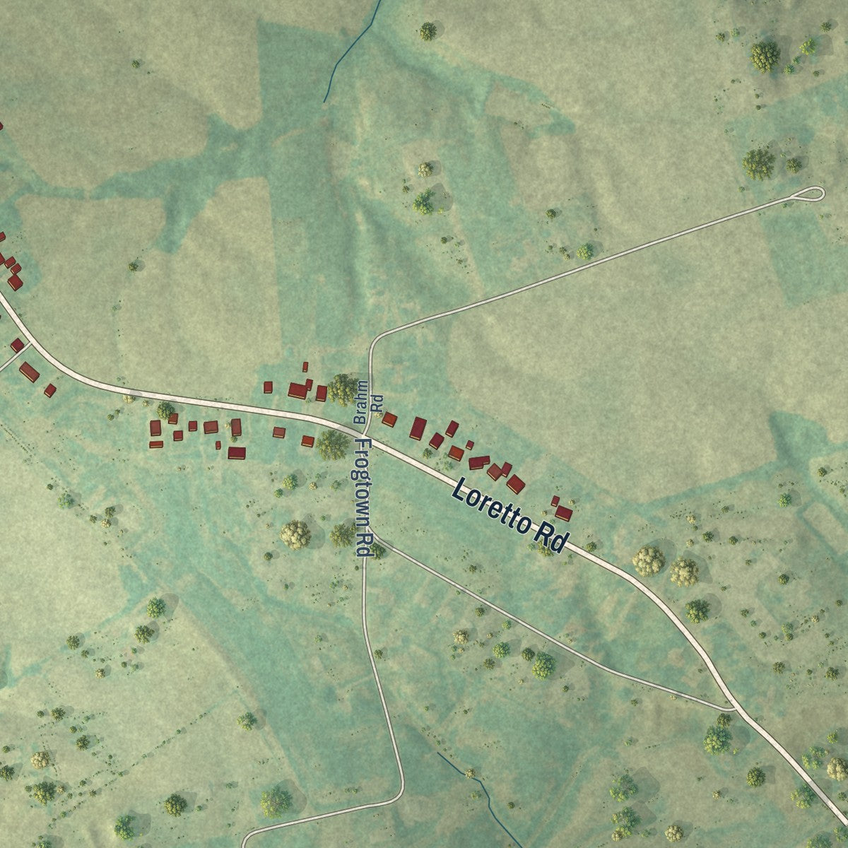 Second close-up of the map of Loretto, Kentucky print showing more streets and buildings