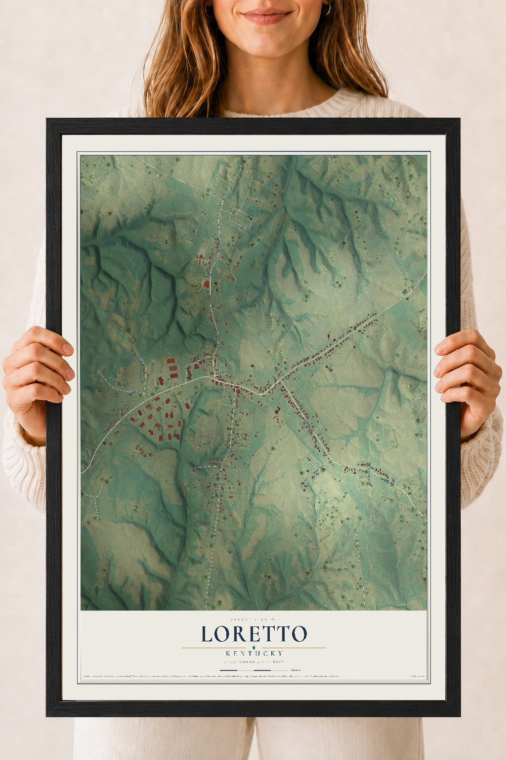 Map of Loretto, Kentucky, 18 x 24 inch print in a black wood frame