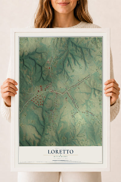 Map of Loretto, Kentucky, 18 x 24 inch print in a white wood frame