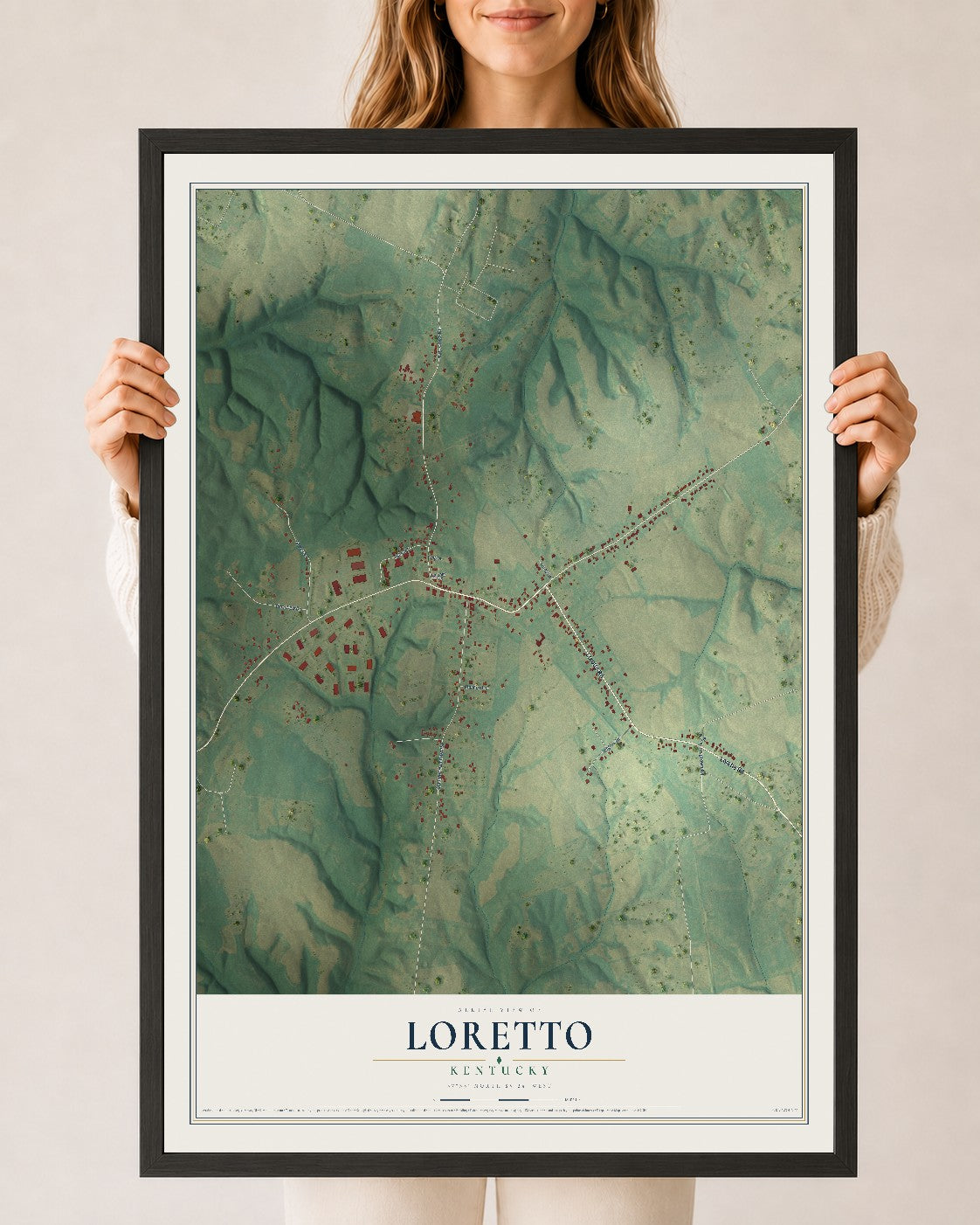 Map of Loretto, Kentucky, 24 x 36 inch print in a black wood frame