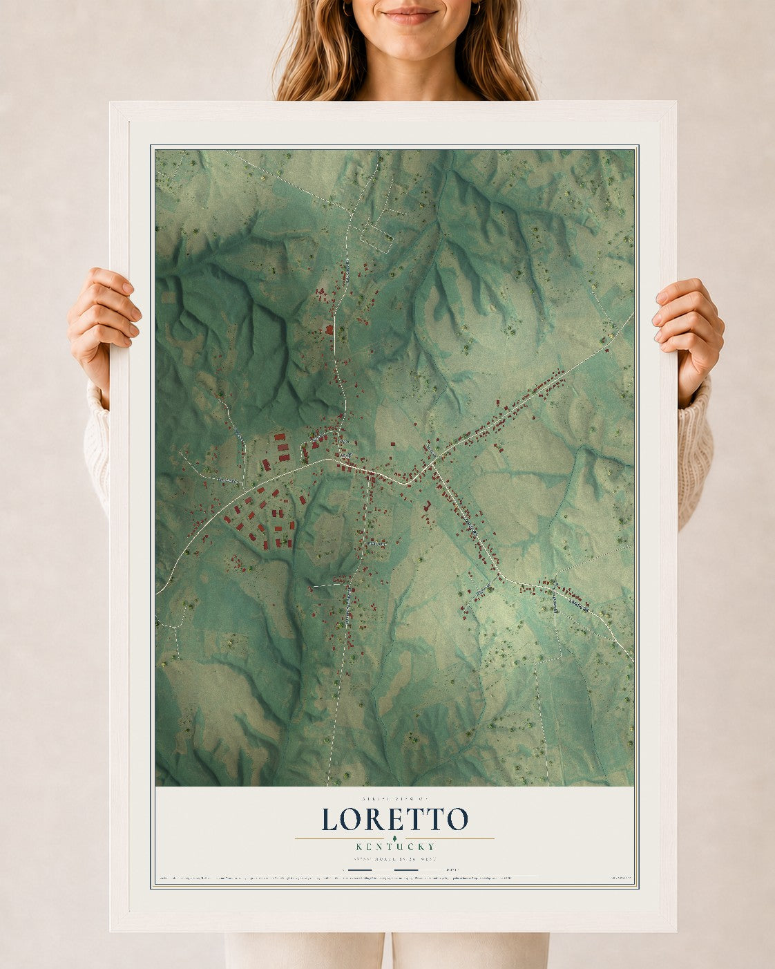 Map of Loretto, Kentucky, 24 x 36 inch print in a white wood frame