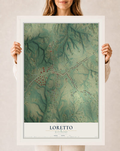 Map of Loretto, Kentucky, 24 x 36 inch print in a white wood frame