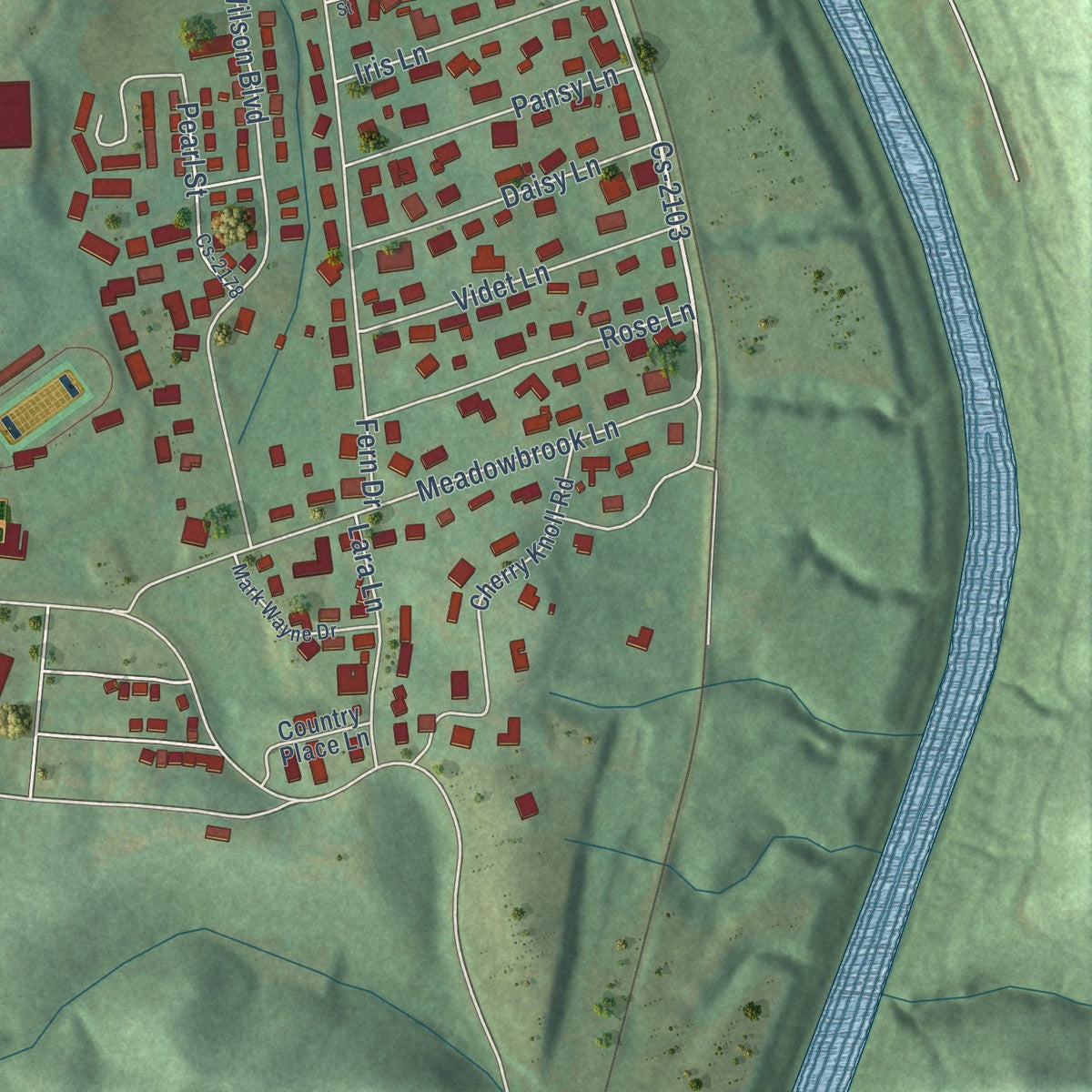 Second close-up of the map of Louisa, Kentucky print showing more streets and buildings