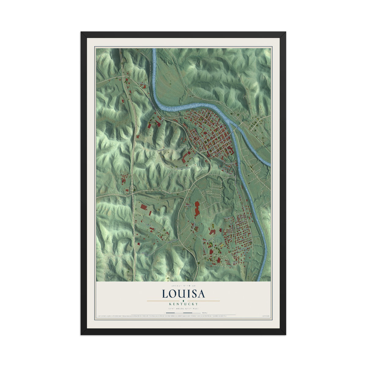 Map of Louisa, Kentucky, 12 x 18 inch print in a black wood frame
