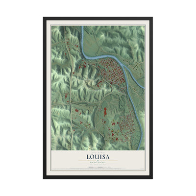 Map of Louisa, Kentucky, 12 x 18 inch print in a black wood frame