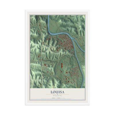 Map of Louisa, Kentucky, 12 x 18 inch print in a white wood frame